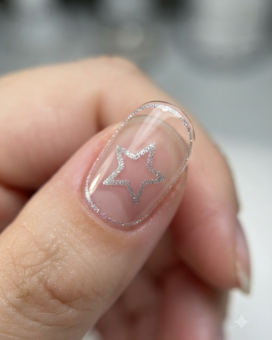 A close-up shot of a fine brush placing small iridescent flakes onto a clear gel nail.