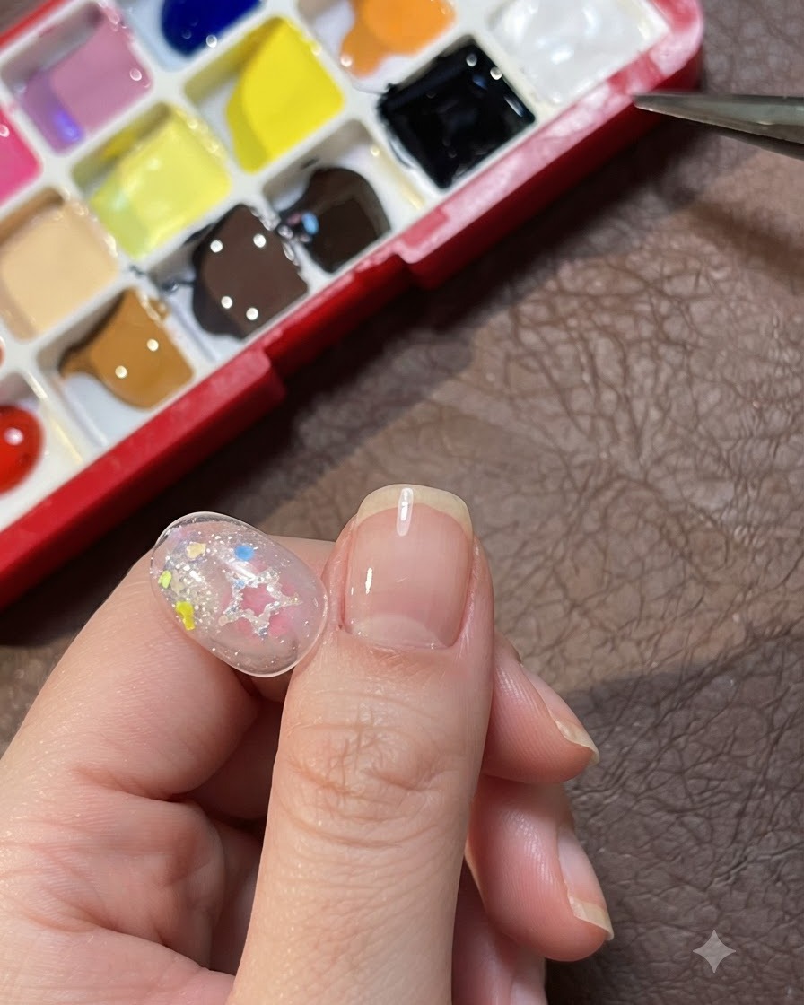 A multi-color paint palette positioned next to a decorated clear nail art tip.
