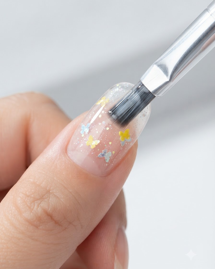 A nail brush applying a smooth top coat layer over a finished star and butterfly nail art design.