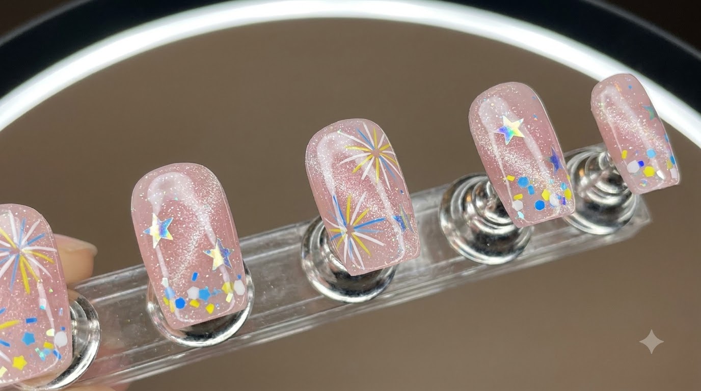 Short square nails featuring a translucent milky pink base, cat-eye shimmer, star stickers, colorful confetti flakes, and delicate hand-painted firework detailscite: 1.
