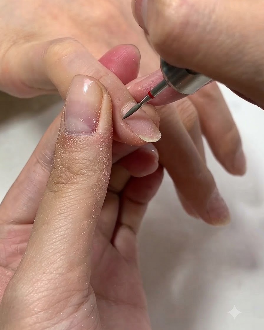 A close-up shot of an electric nail drill with a ceramic bit gently detailing the cuticle line of a natural nail.