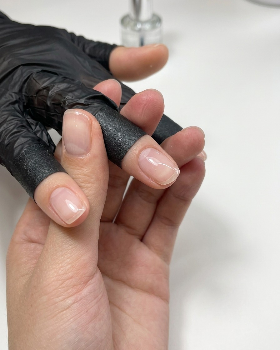 Fingers resting under a mini curing lamp with a completed smooth gel structure.