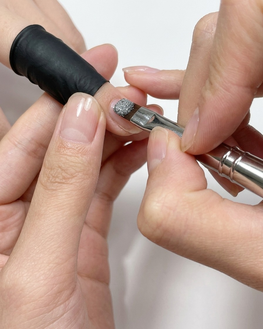 A nail brush applying shimmering cat-eye gel onto a fingernail.