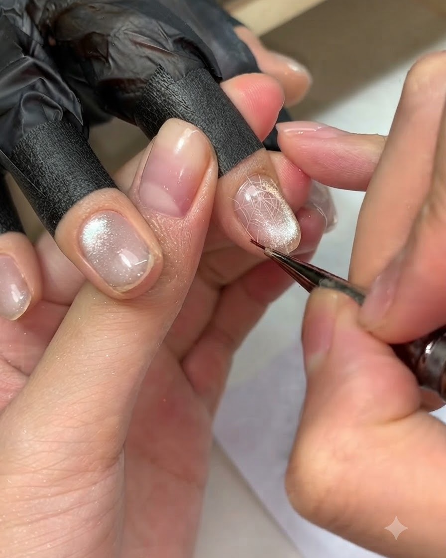 A fine brush drawing thin webs of transparent gel over a cat-eye nail.