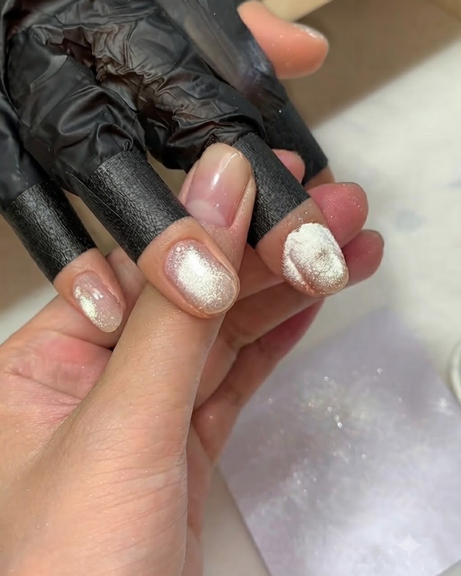 A hand with glitter sprinkled over wet gel lines on a nail.
