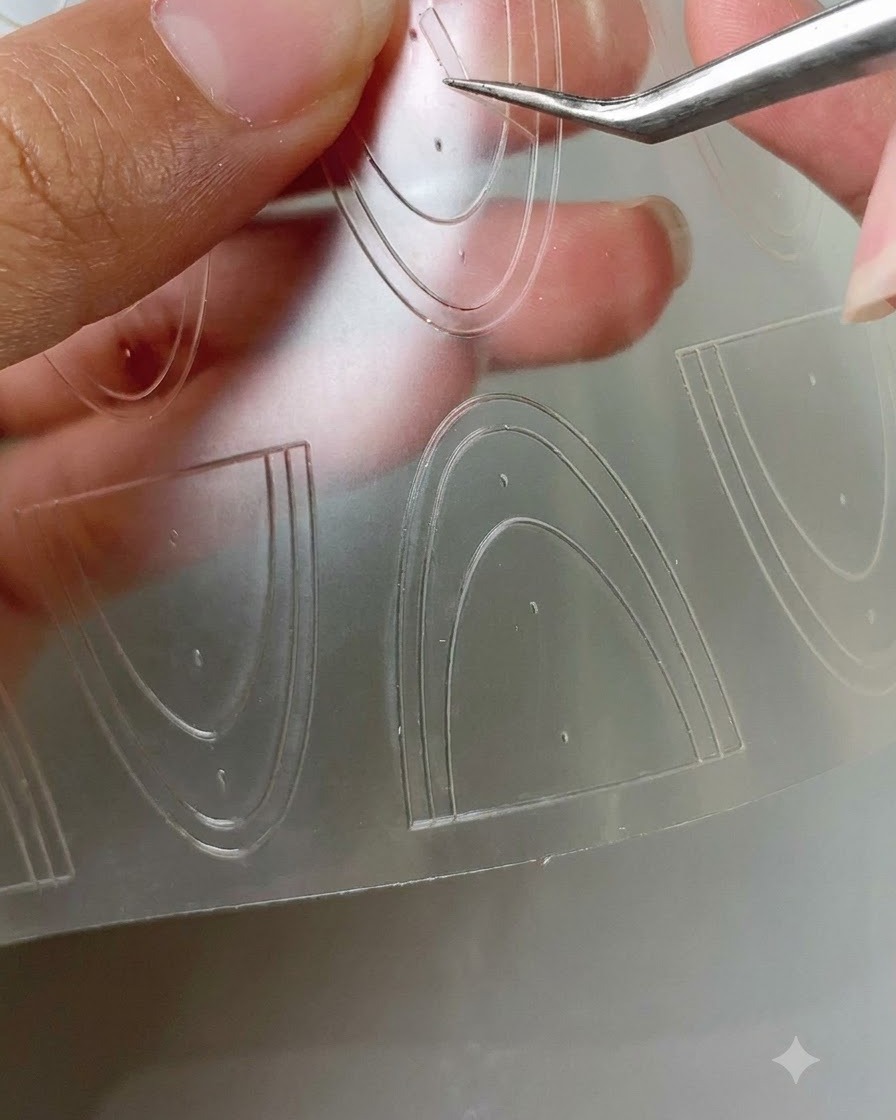 A pair of tweezers lifting a curved French tip sticker guide from a transparent sticker sheet.