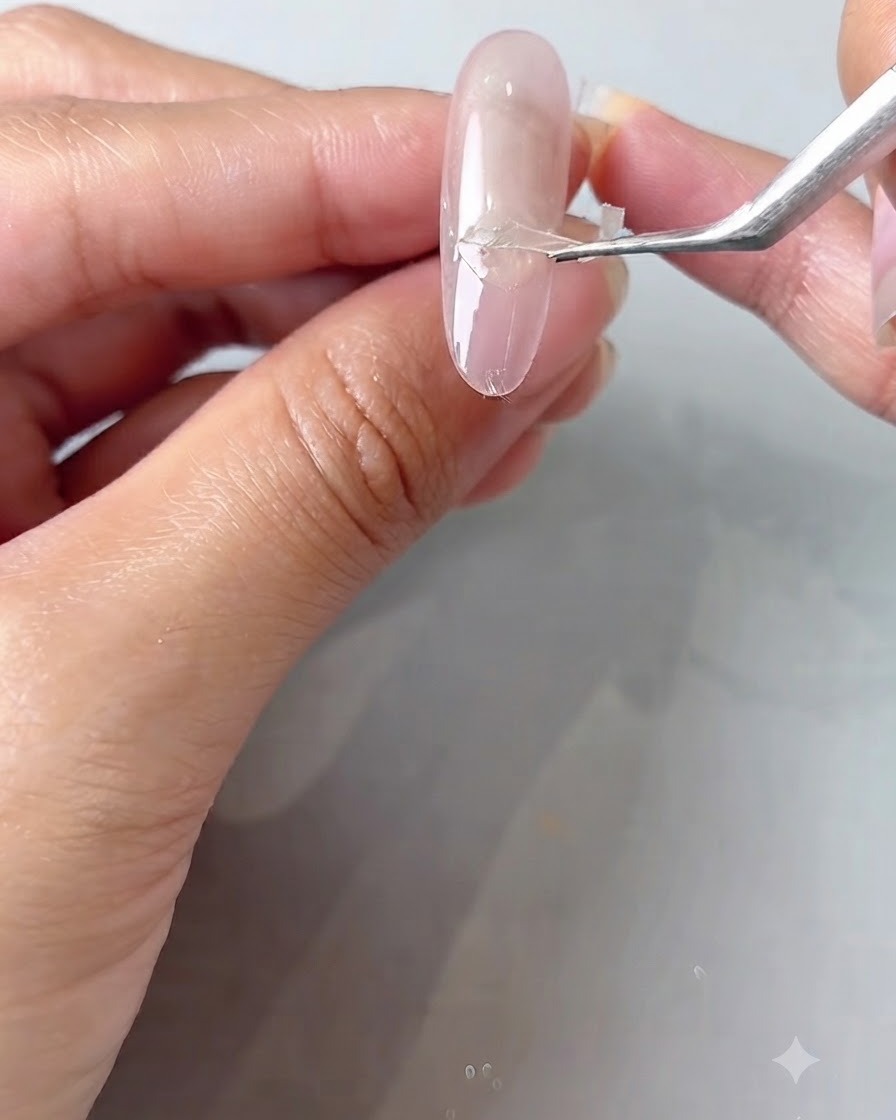 A pair of tweezers lifting and peeling a small guide sticker off a polished nail.