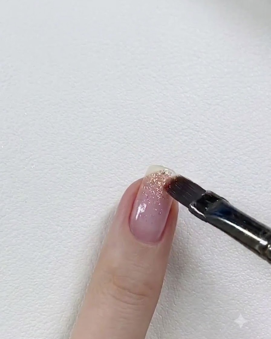 A flat gel brush applying light pink glitter gel to the free edge of a fingernail.