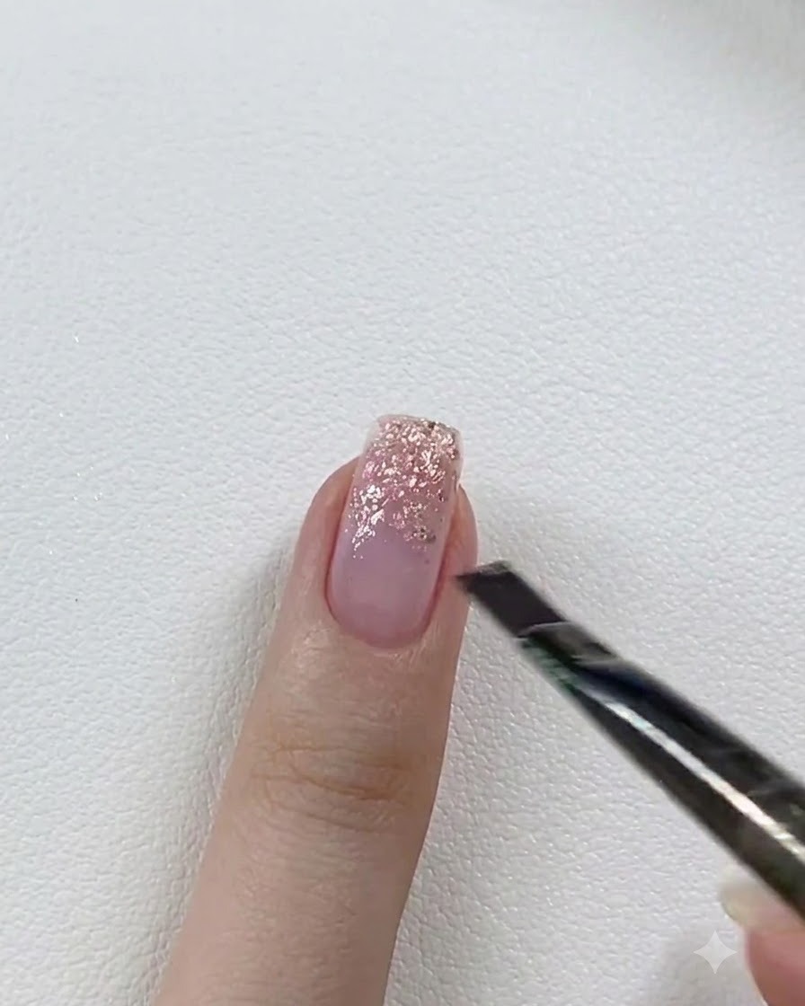 A small mini UV/LED flashlight curing glitter gel applied to a fingernail on a white tabletop.