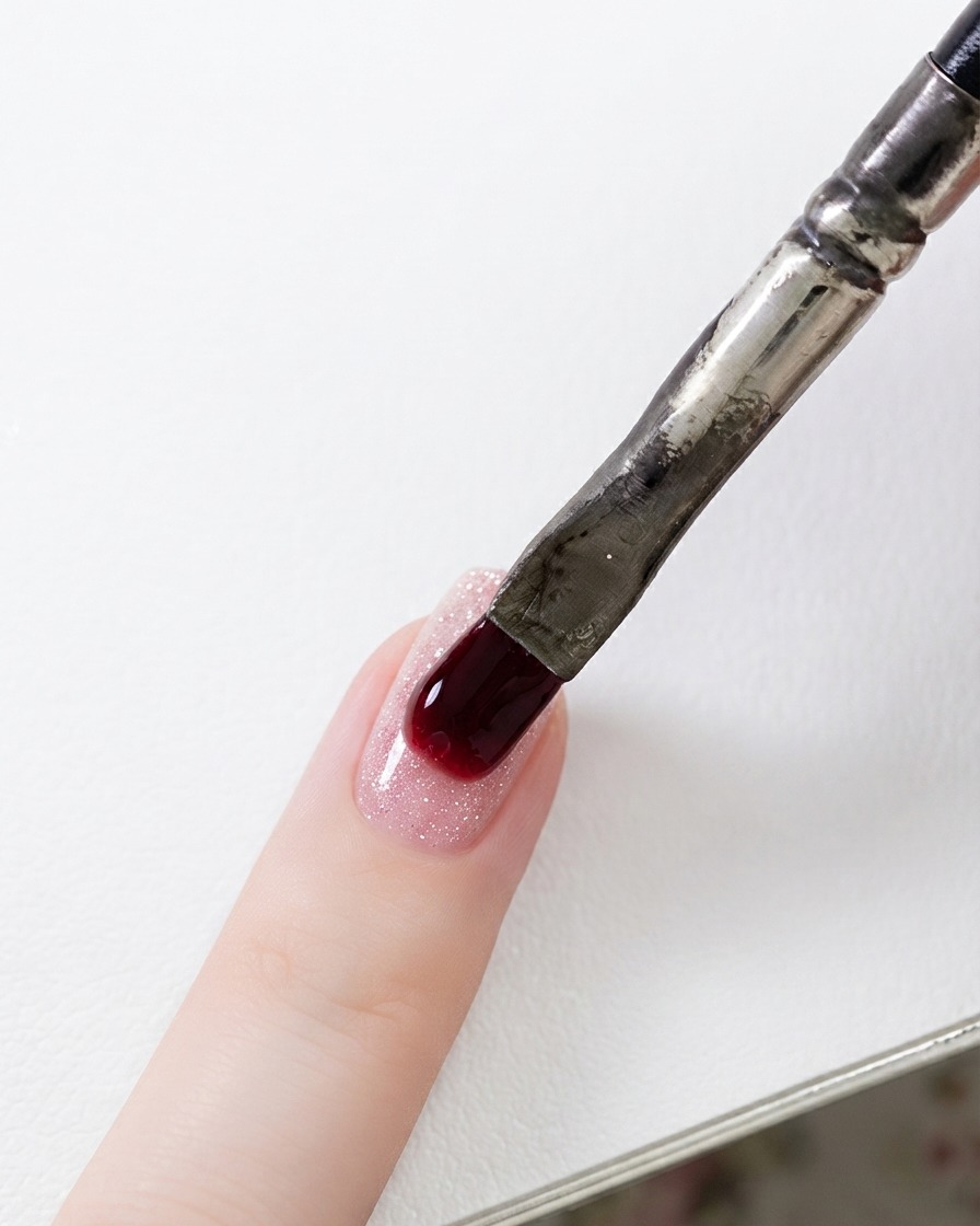 A gel brush holding a bead of clear builder gel, placing it onto a pink glitter nail.