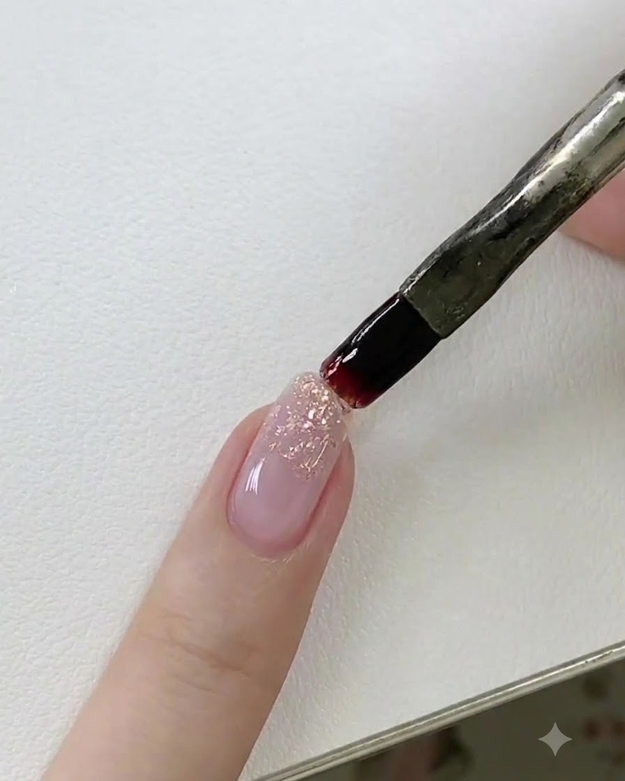 A nail brush smoothing builder gel on a fingernail before inverting the finger to cure under a lamp.