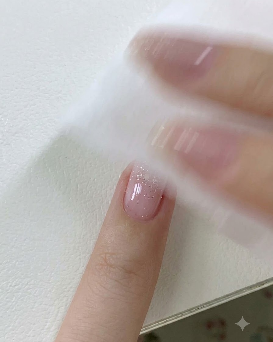 A cleansing wipe cleaning the sticky residue off a cured nail surface.