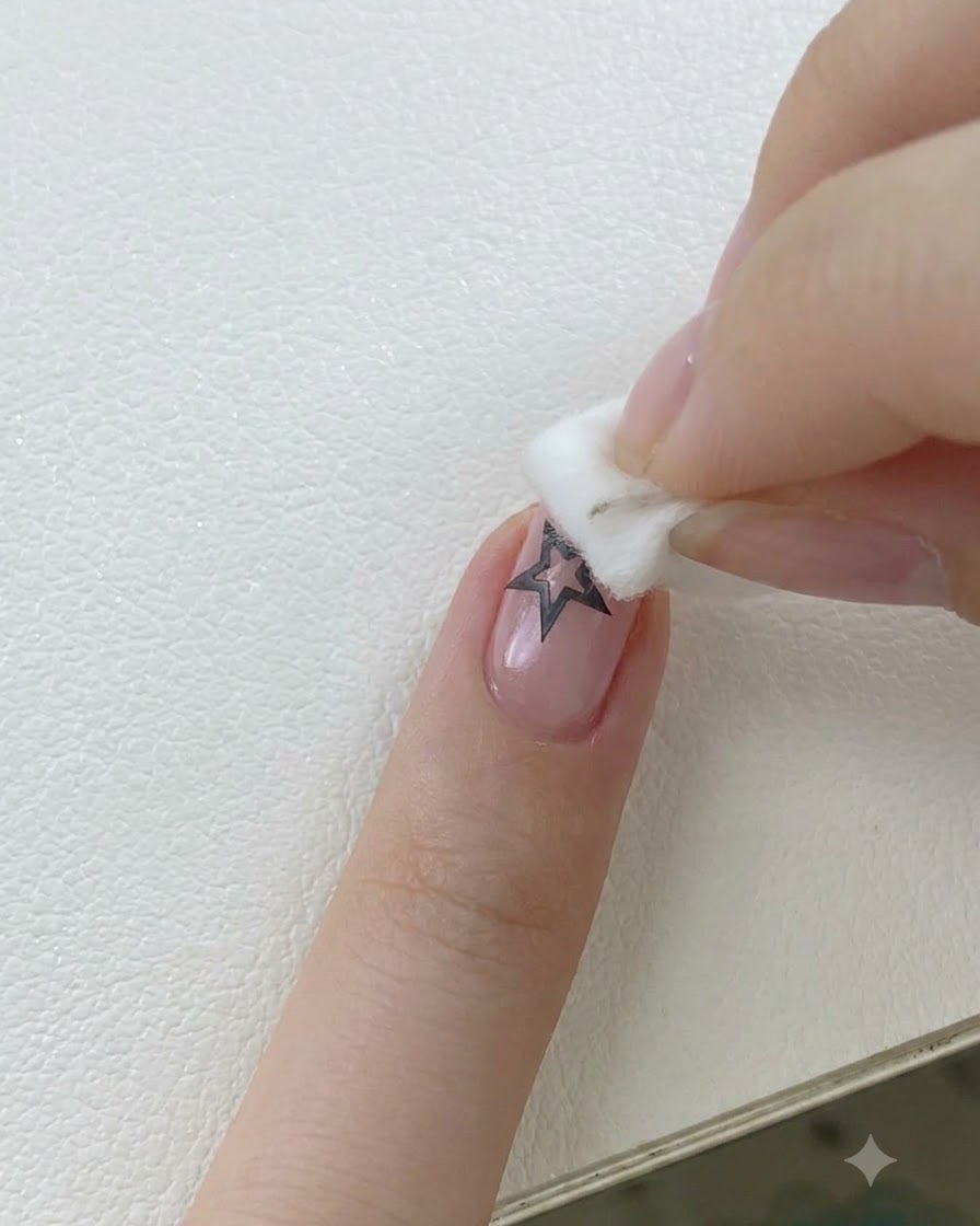 A close-up of a finger with a black star sticker on the nail, as a small sponge applicator dabs pink gel polish around its edges.