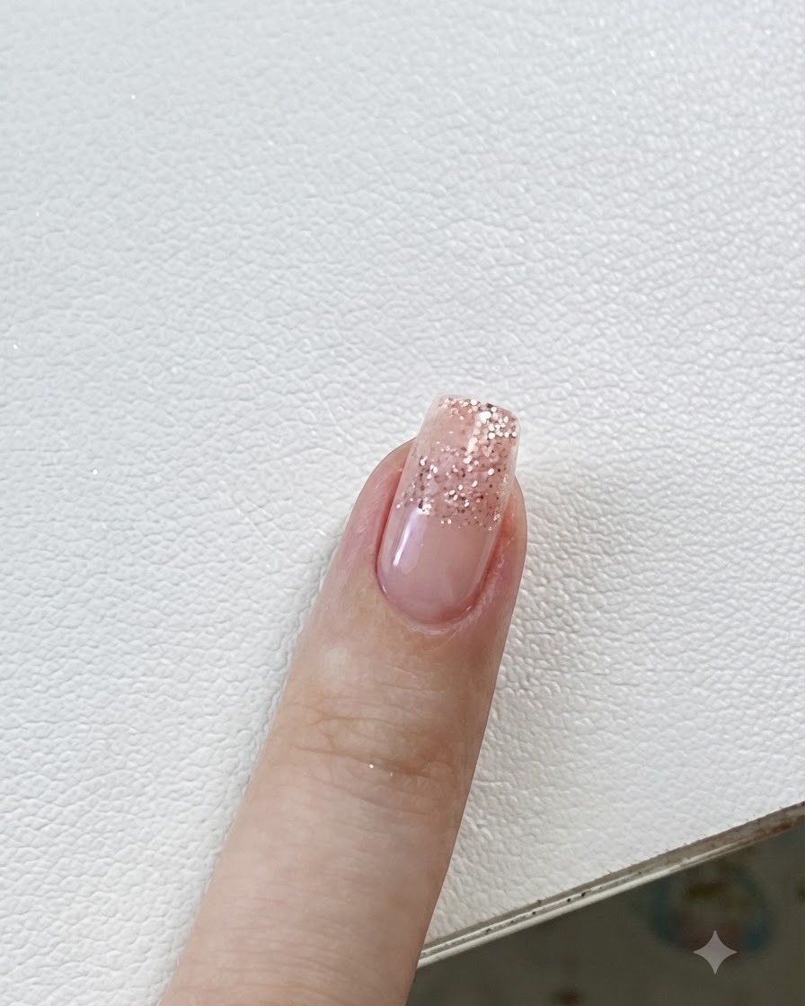 Tweezers placing a small star sticker onto a glitter gradient nail.