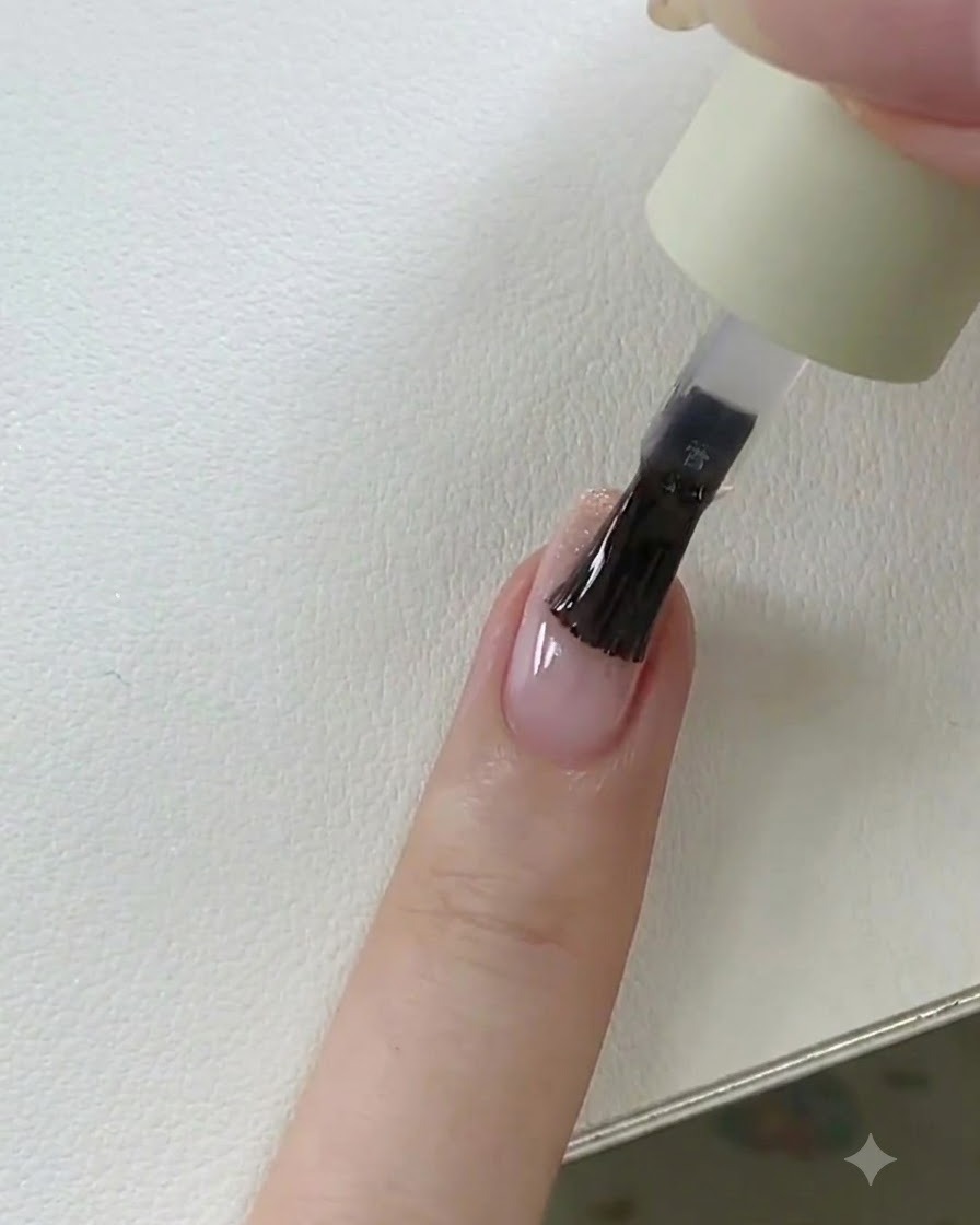 A hand placing a fingernail with wet top coat under a UV/LED lamp for final curing.