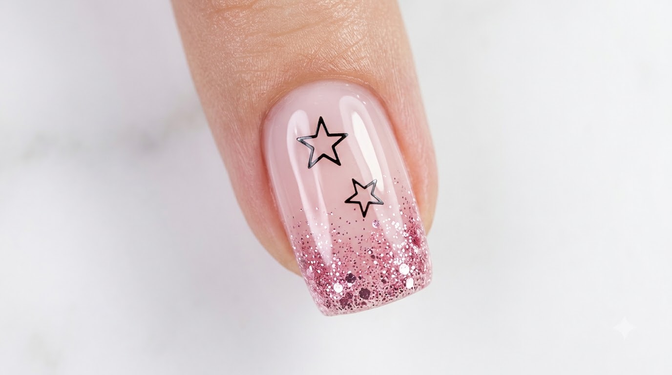 Pink Glitter Gradient & Star Decals — Step-by-Step Gel Nail Tutorial