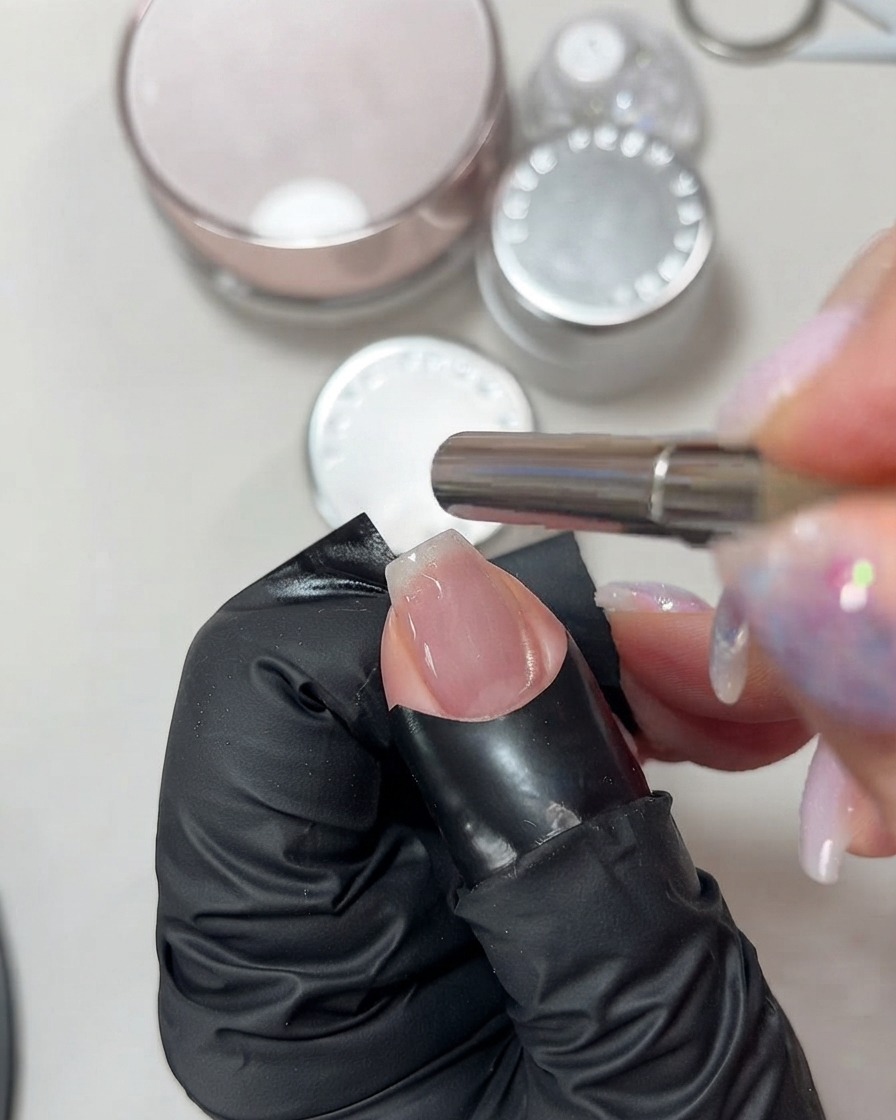 A hand holding a cylindrical magnet over a fingernail coated in wet pink cat-eye gel to manipulate the shimmer.