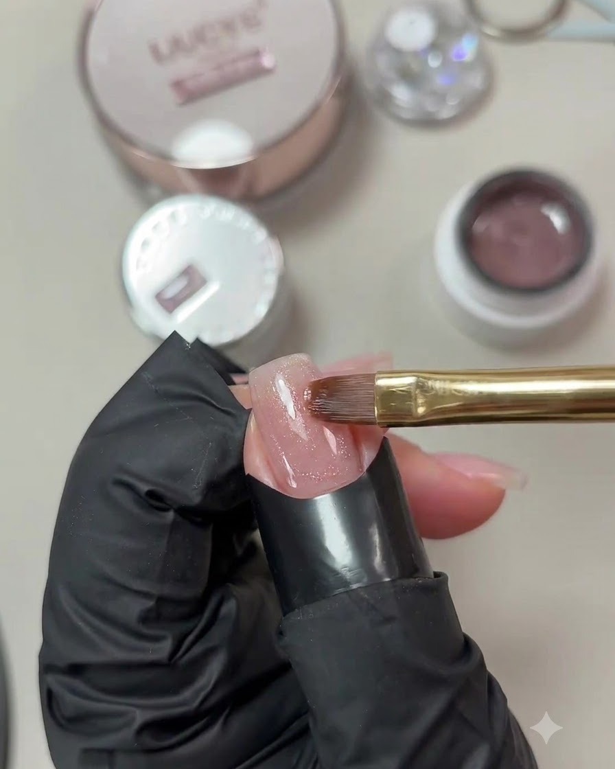 A flat gel brush applying a thin layer of shimmery pink cat-eye gel polish onto a partially finished fingernail.