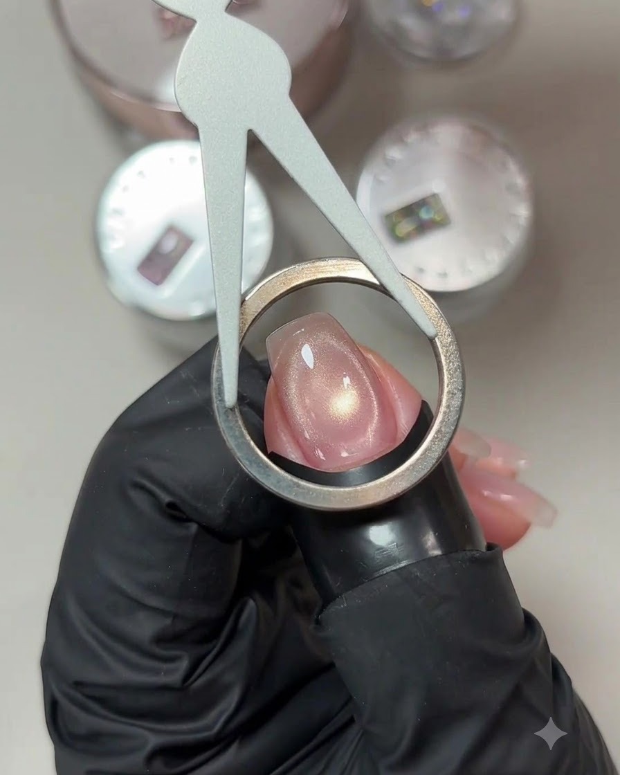 A circular ring magnet held over a pink cat-eye gel nail to create a halo shimmer effect.
