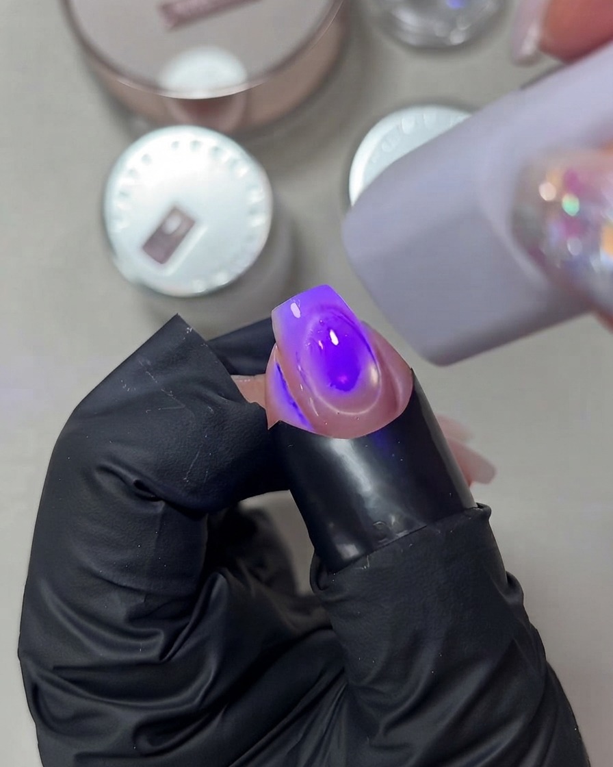 A purple portable mini UV LED lamp curing a gel-polished nail under direct light.