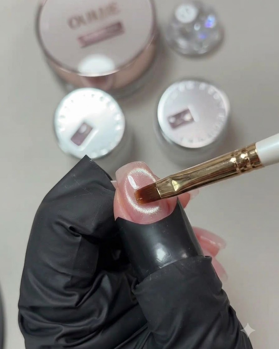 A gel brush applying a clear layer of reinforcement gel onto a finished cat-eye nail surface.