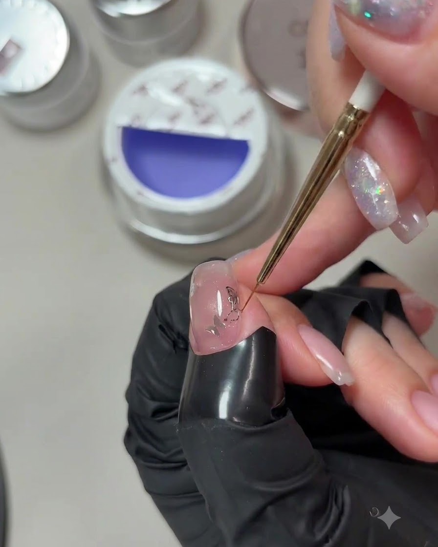 A close-up shot using a thin liner brush to smooth and level builder gel around the edges of a manicured nail.