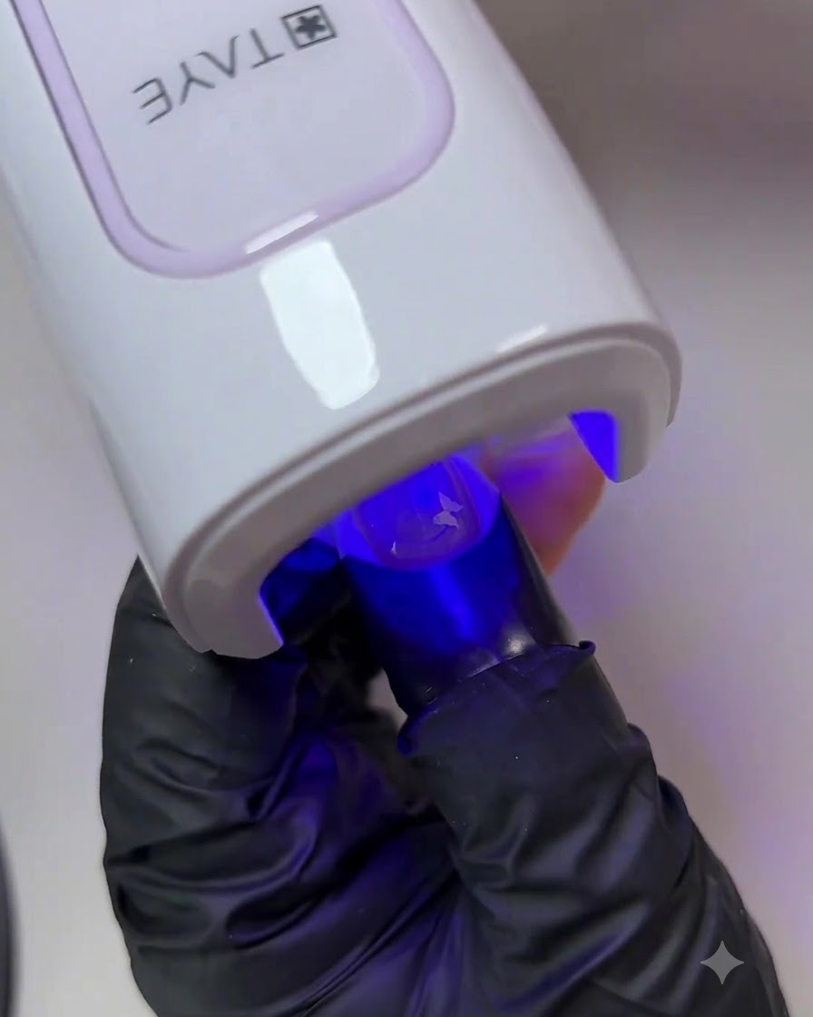 A hand inside a white UV/LED nail lamp curing the final glossy top coat layer.