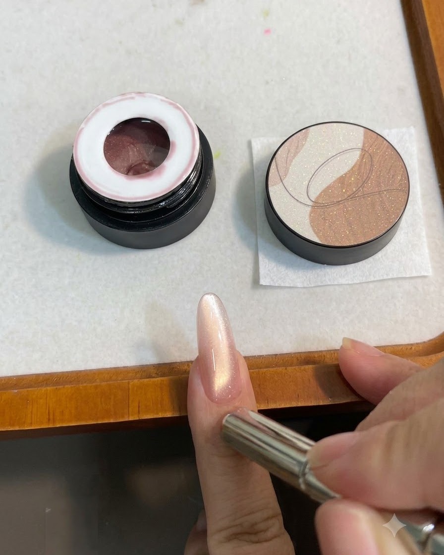A cylindrical magnet hovering over an almond nail painted with shimmering pink-gold cat-eye gel, drawing out a bright streak.