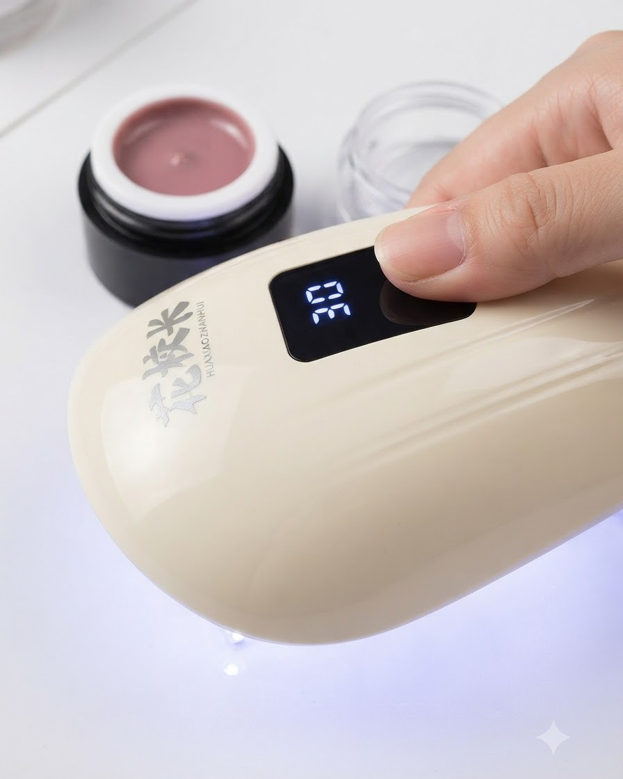 A finger curing under a portable digital UV/LED nail lamp, setting the cat-eye gel layer.