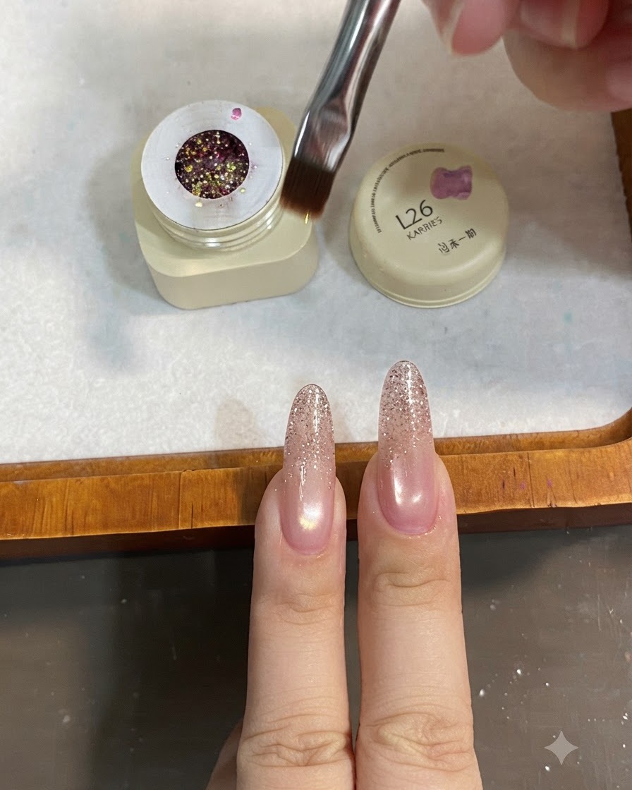 A gel brush dipping into an open pot of chunky pink and gold mixed sequin gel.