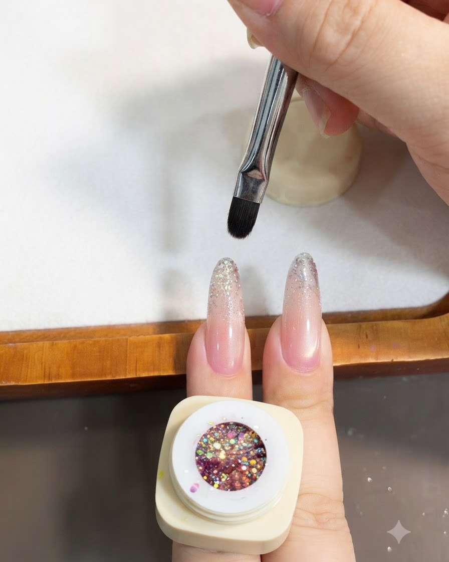 A gel brush dabbing chunky glitter sequins onto the tip of an almond-shaped nail.