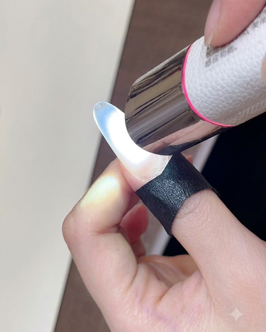 A handheld mini UV/LED lamp curing a gel layer on a fingernail.