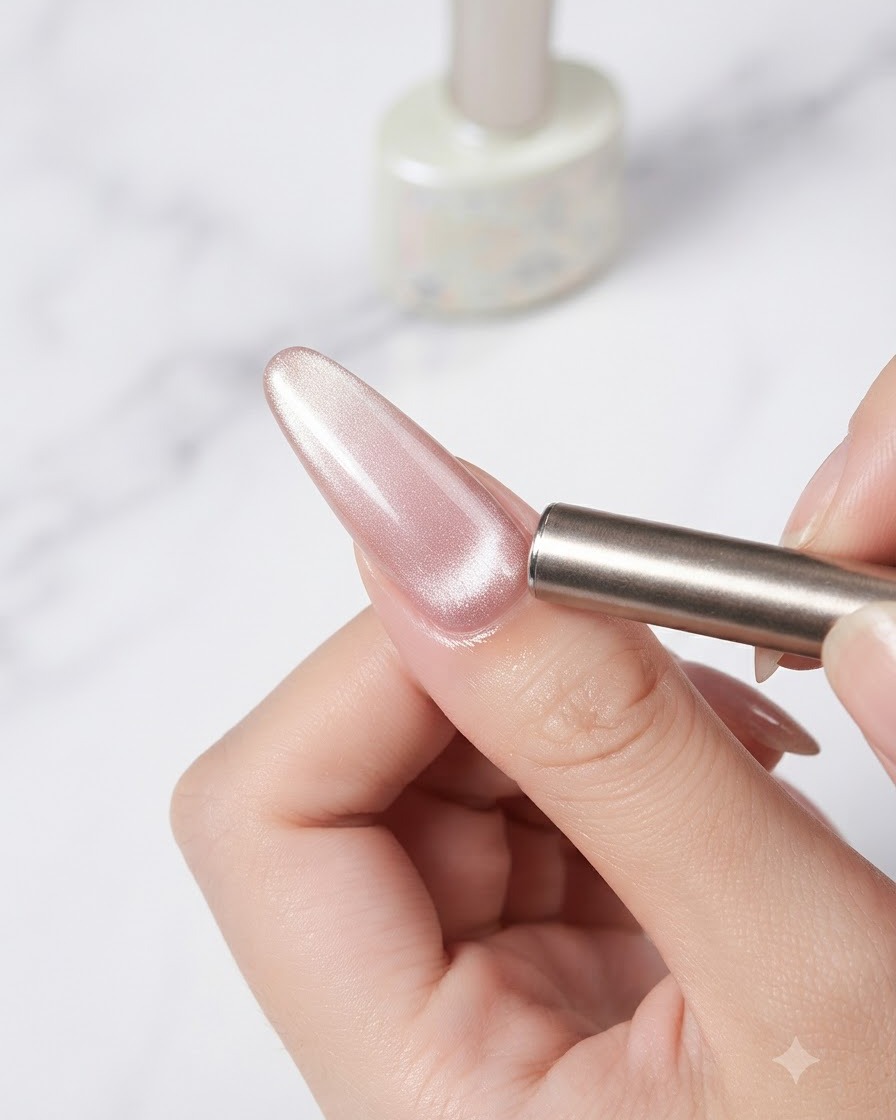 Using a cylindrical magnet around the nail perimeter to push shimmer particles toward the center.