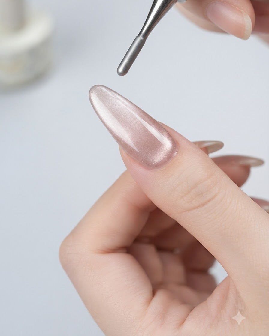 A magnetic tool hovering over a finished cat-eye nail showing a centralized glowing glass bead effect.