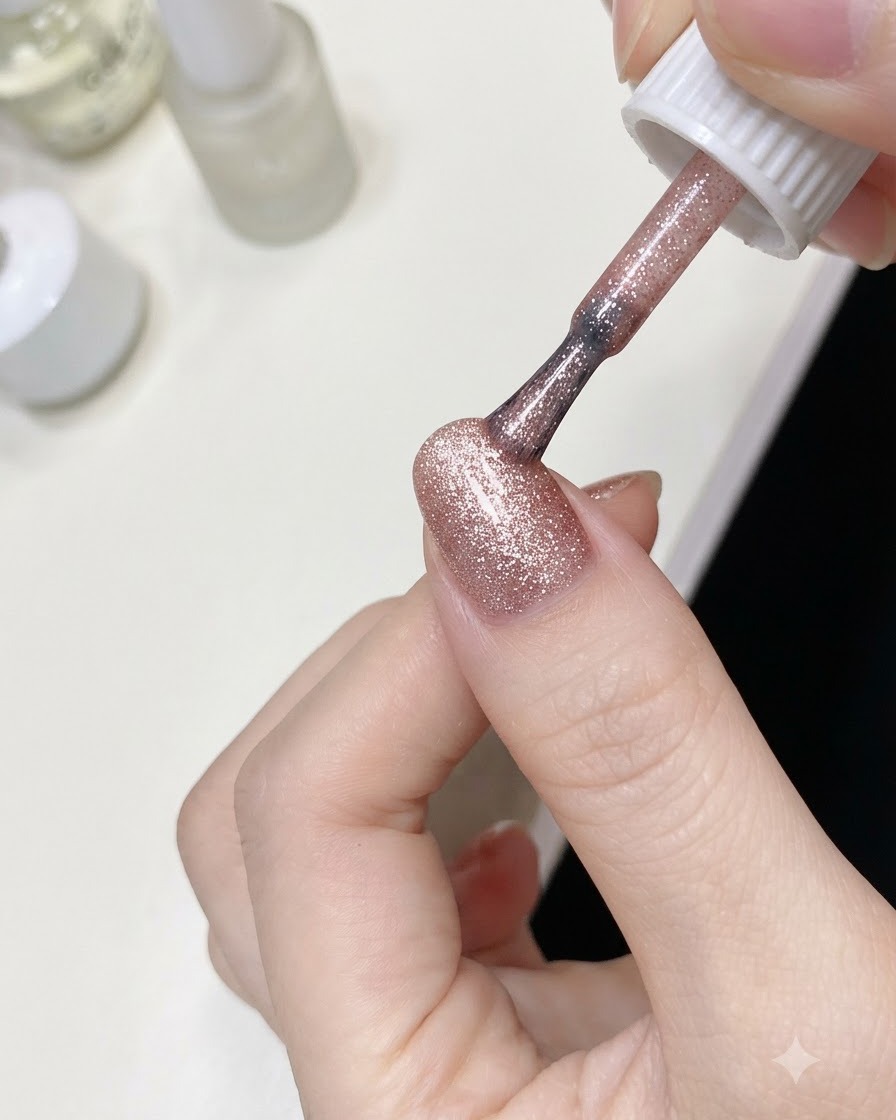 A brush applying a sparkling pink glitter gel onto the lower portion of a fingernail near the cuticle.