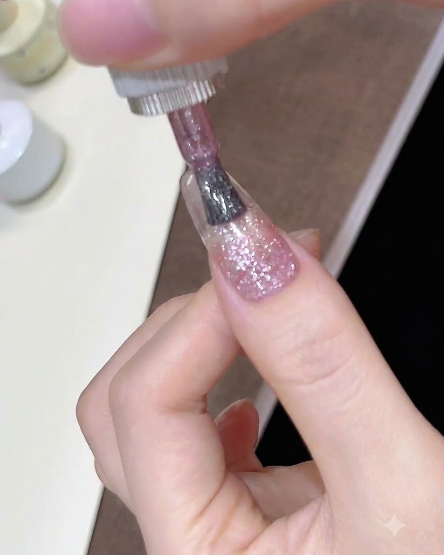 A nail brush feathering pink glitter gel downward to form a gradient on the nail.