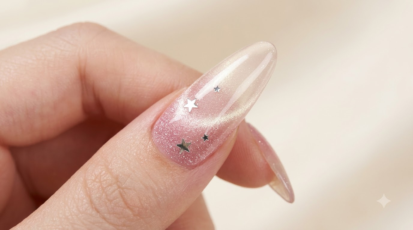 Long almond-shaped nail featuring a pink cat-eye base, silver star sequins, and a high-gloss finish.