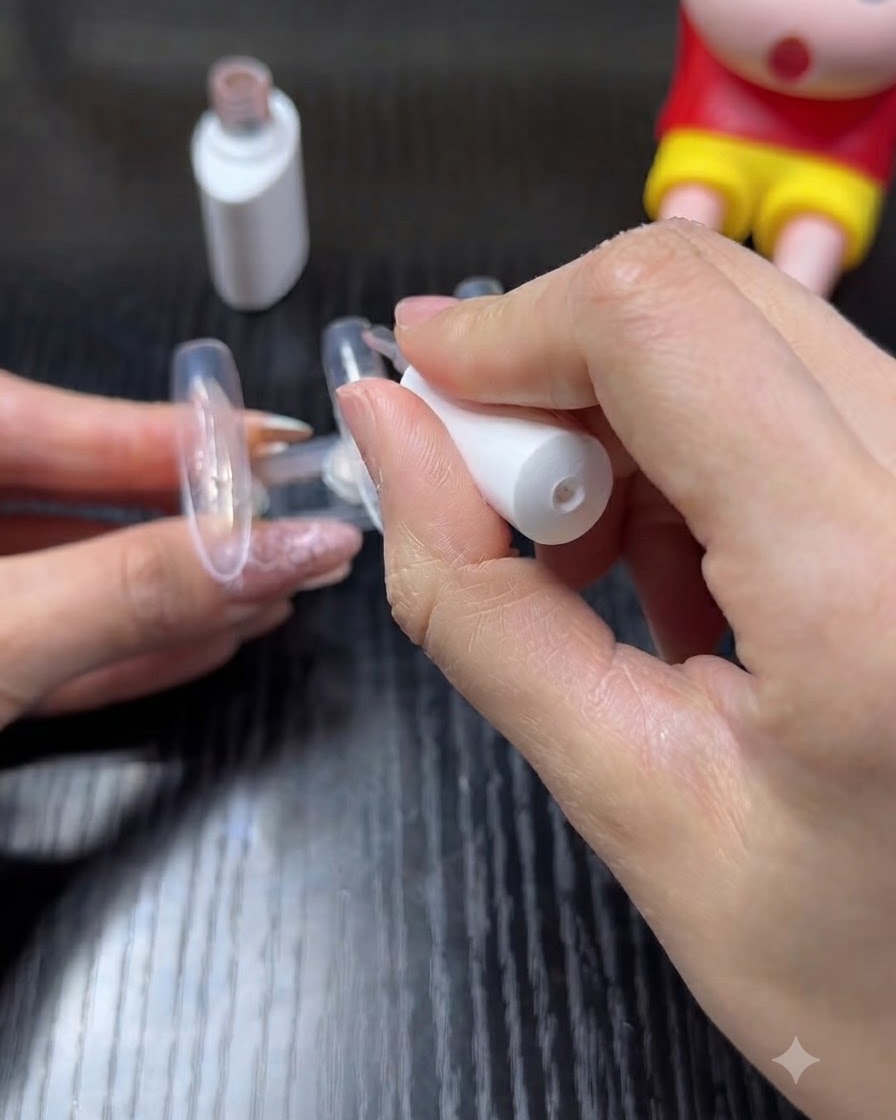 A hand using a nail polish brush to apply a milky nude base color onto a clear artificial nail attached to a stand.