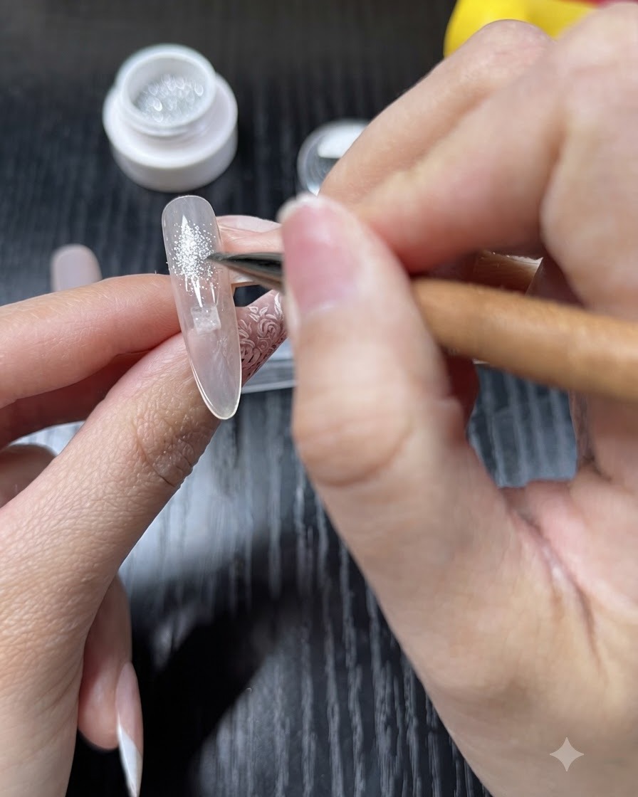 A brush carefully applying fine silver glitter onto the middle finger nail over a nude base.