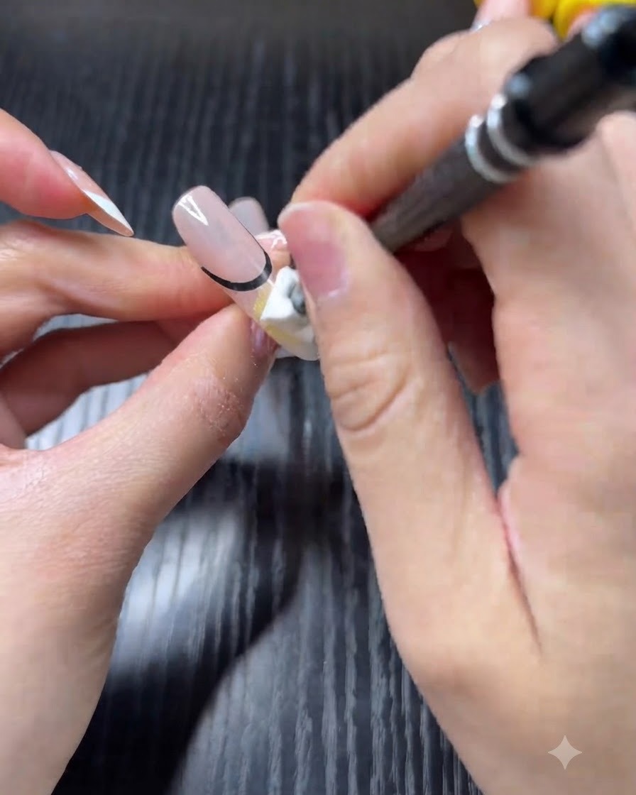 A hand using a detail brush to paint a lemon yellow French tip onto a nude-based nail.