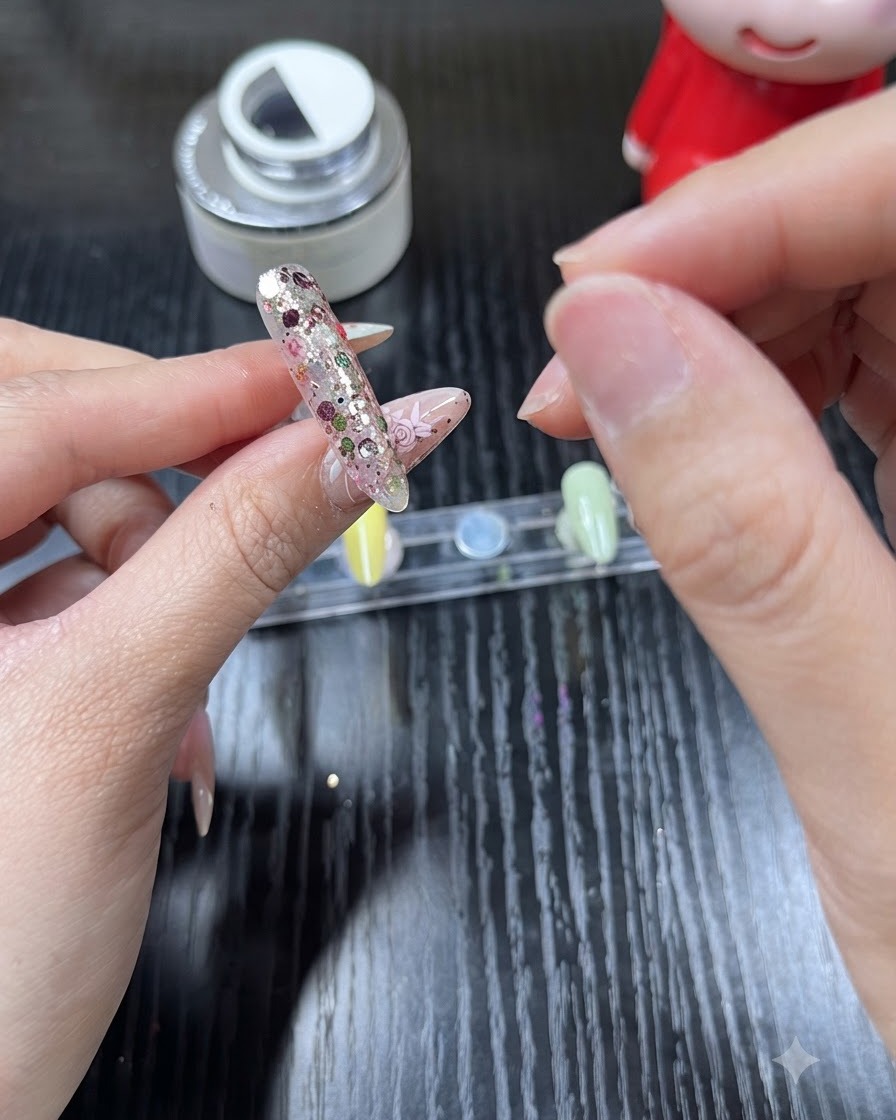 A close-up of a hand applying clear reinforcement gel over a glitter-filled nail.