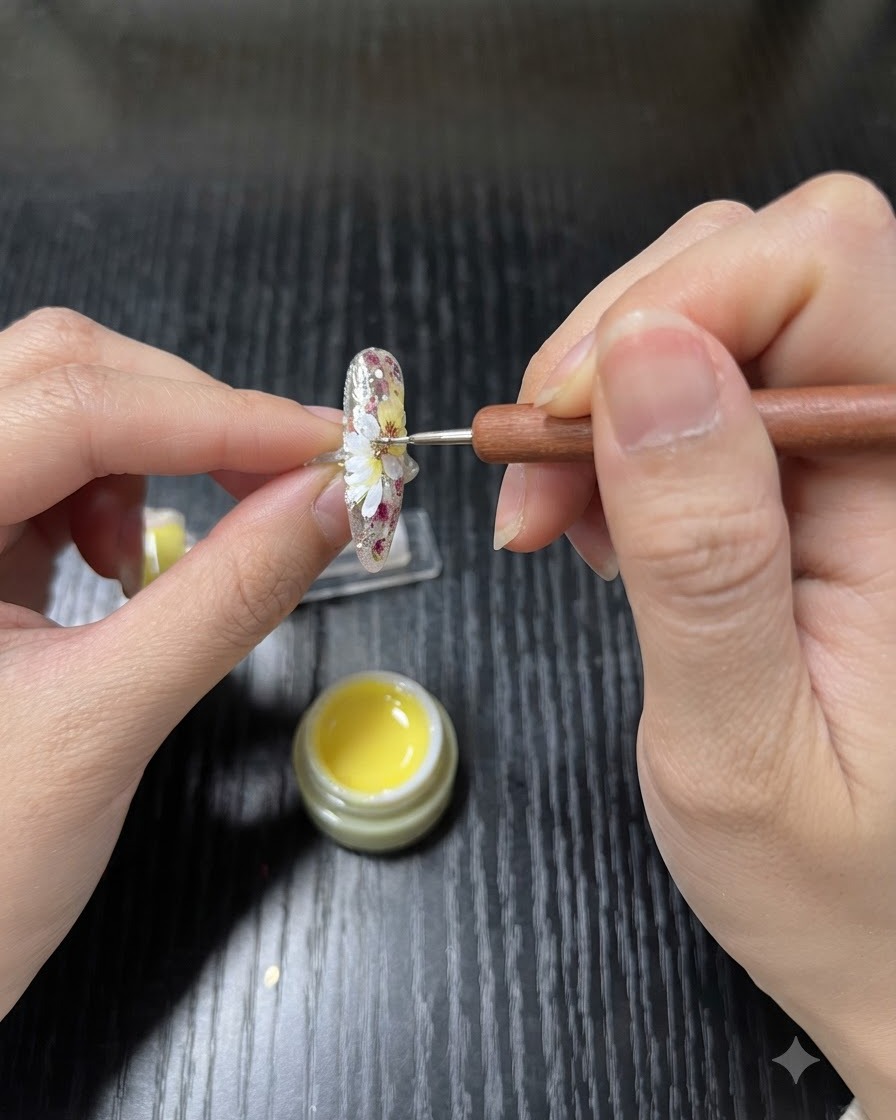 A dotting tool applying lemon yellow gel to the center of white daisy petals on a nail.