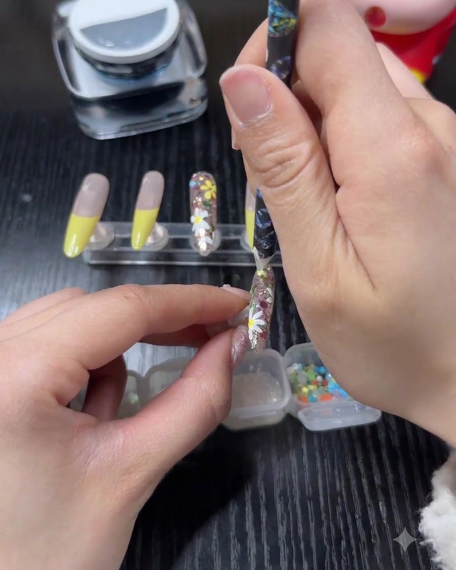 A tool gently buffing a specific spot on a decorated nail surface to prep for rhinestones.