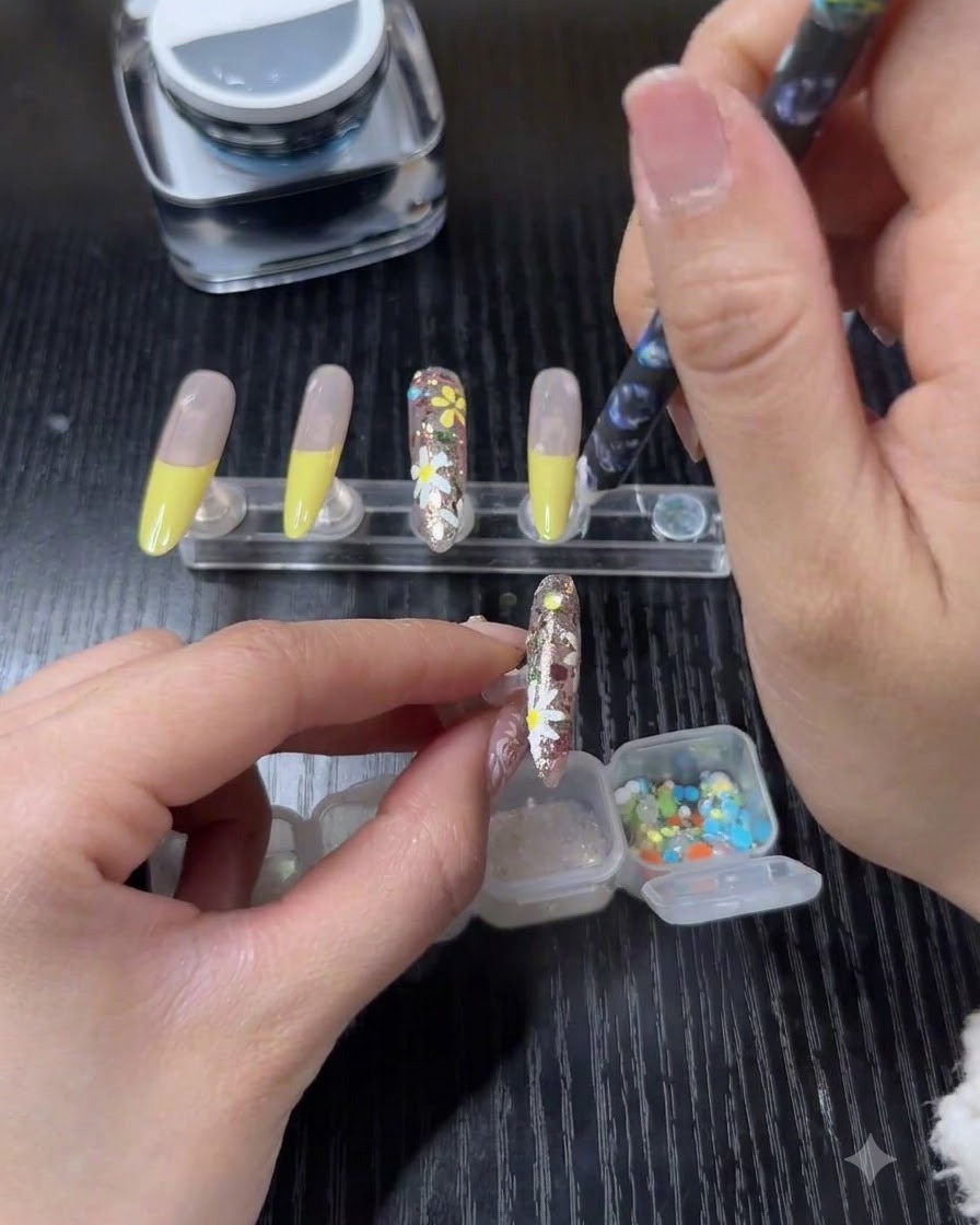 A precision tool placing colored small beads and stacked rhinestones onto the nail surface.