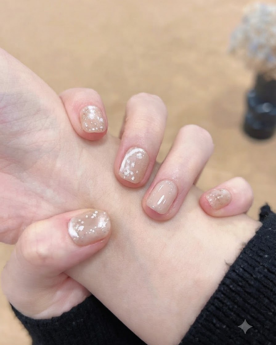 A close-up view of fingers displaying a high-gloss top coat finish over a shimmering neutral base.