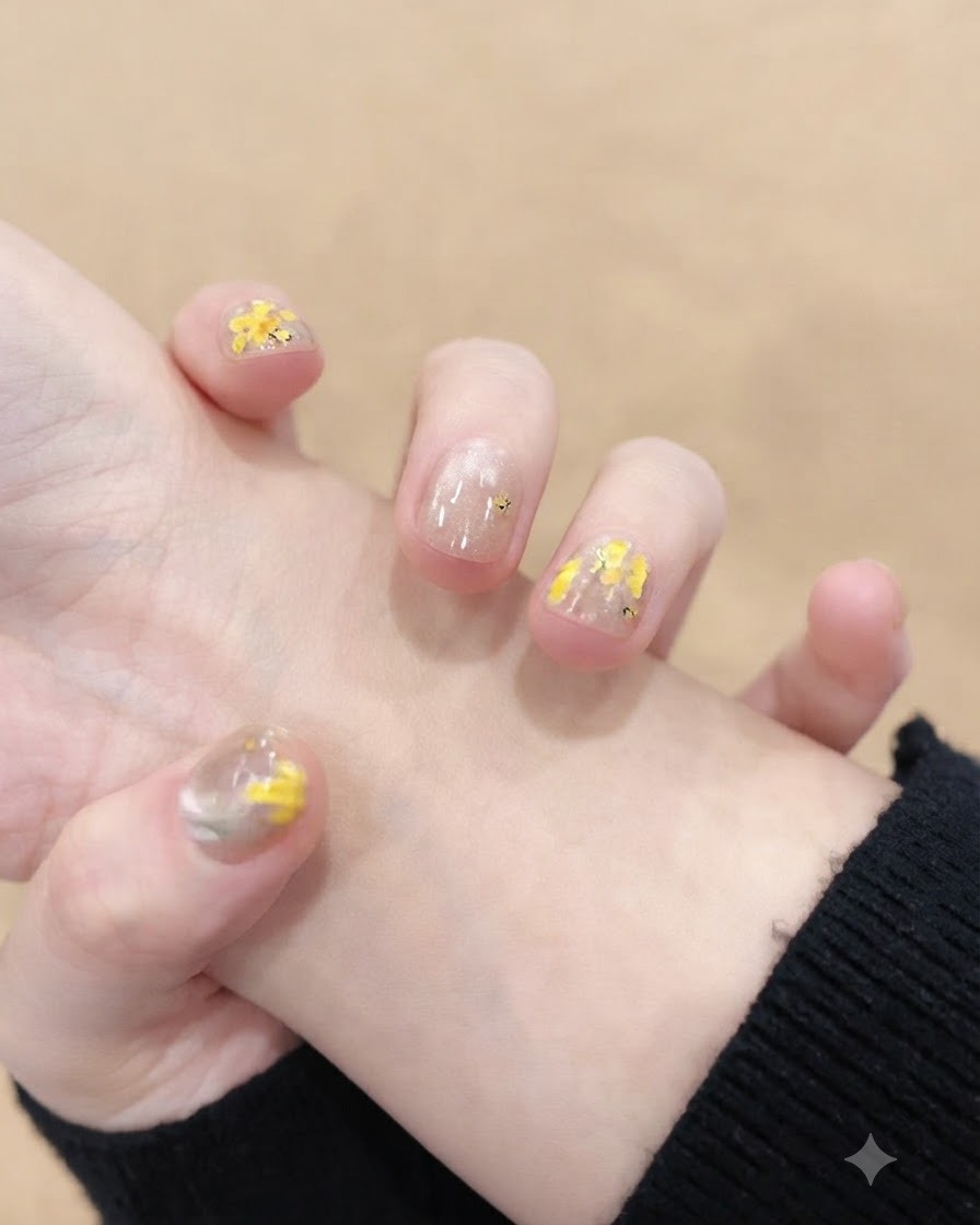 A close-up shot showing fine-tipped yellow flower designs painted precisely on a single fingernail.