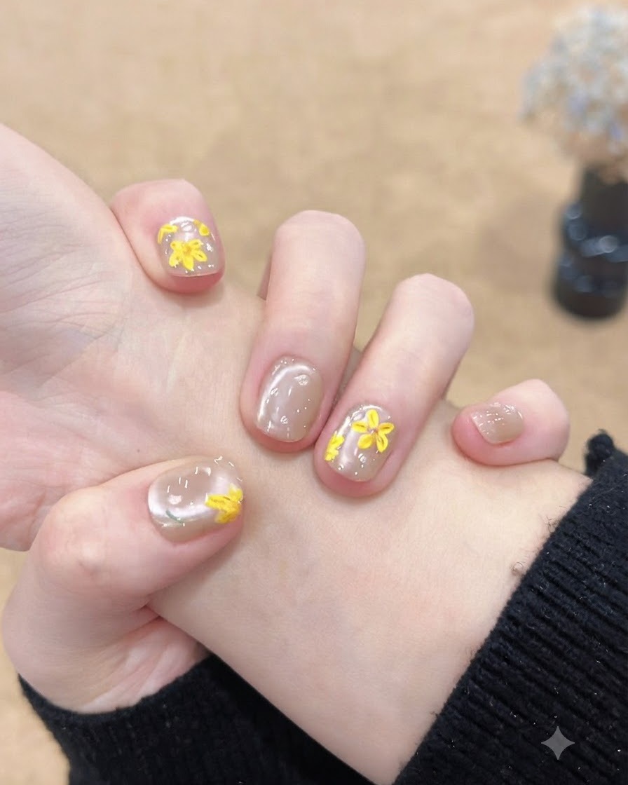 An angled view of the thumb and index finger displaying matching shimmer and floral nail art.