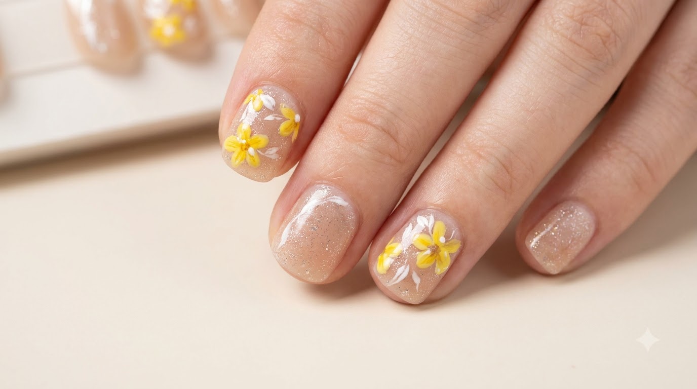 Yellow Floral Short Nail Art — Step-by-Step Tutorial