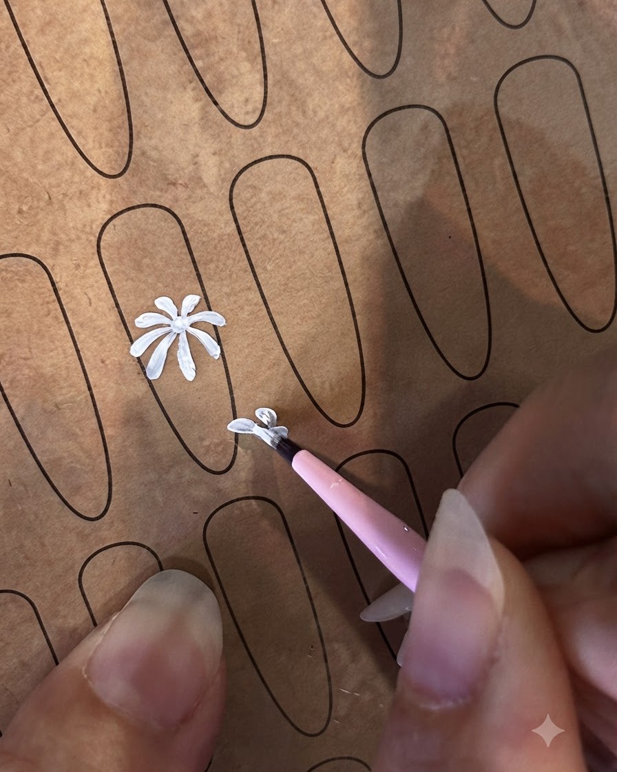 A fine liner brush adding more white petal strokes in a circle on a practice nail sheet.