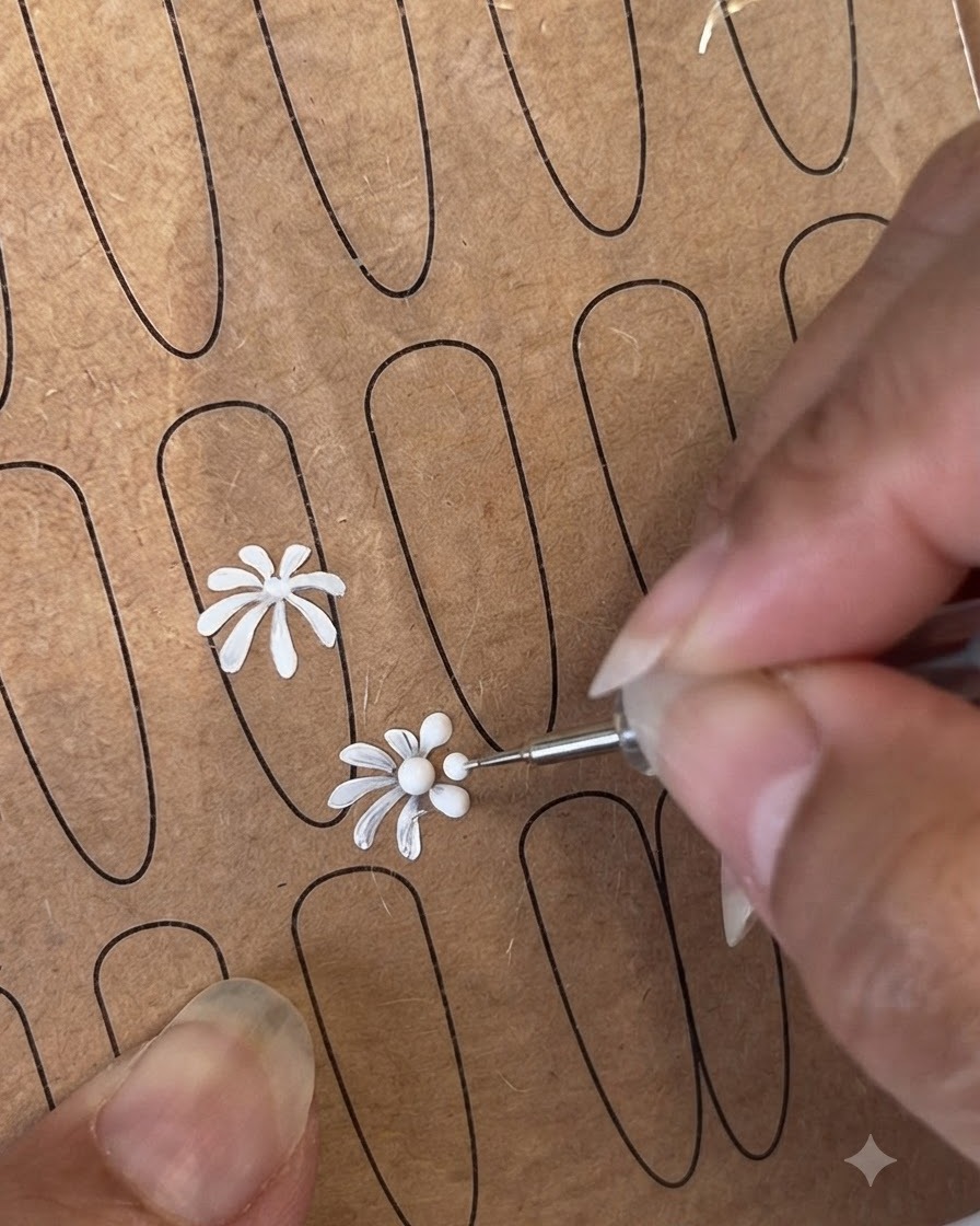 A dotting tool and fine liner brush creating flower centers and petals on a practice sheet.
